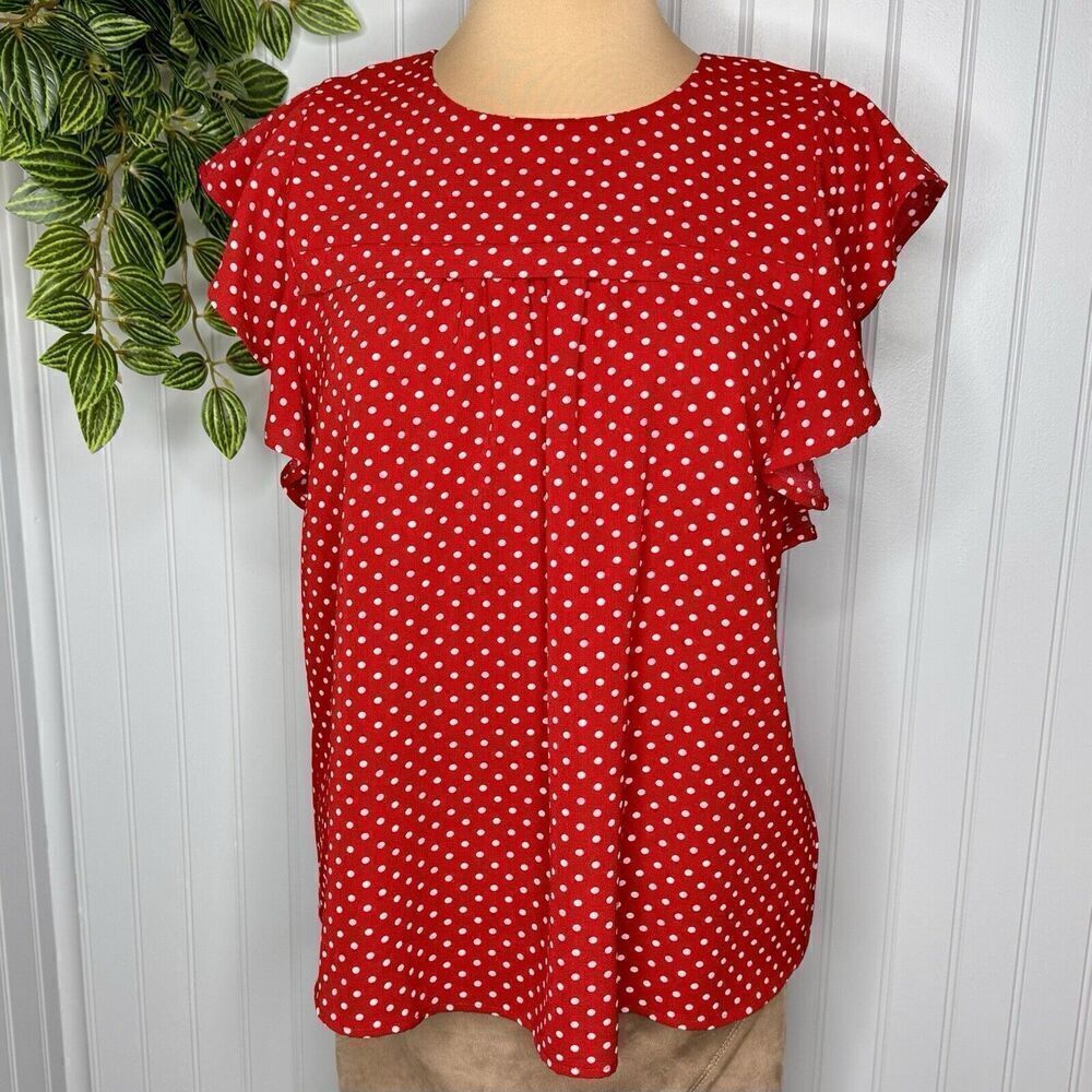 Monteau Women’s Sz L Red White Polka Dot Ruffle Sleeveless Top CUTE 0676